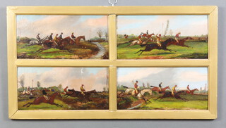After Henry Alken Junior, oils on board, four horse racing studies, framed as one, unsigned, 12cm x 27cm 