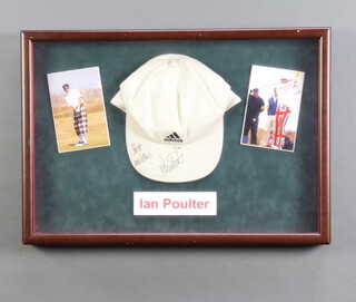 Autograph Ian Poulter, a signed baseball cap with 2 photos framed, 35cm x 53cm 