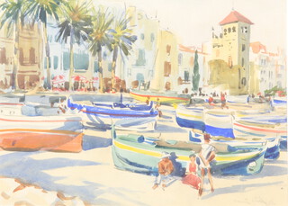 Harry Arthur Riley, (1895-1966), watercolour, Continental street scene with fishing boats and figures 32cm x 55cm 