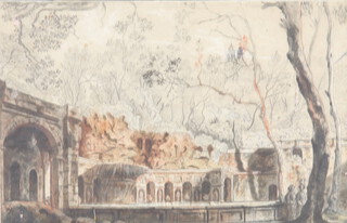 18th Century pen and wash, unsigned, view in the gardens villa Madama, 28cm x 43cm Colnaghi & Co label en verso, inscribed "drawing in pencil, black chalk and watercolour, attributed to Richard Wilson RA" 
