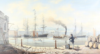 Chris Golds (19)81, oil on canvas signed, Victorian harbour scene with vessels 49cm x  90cm 