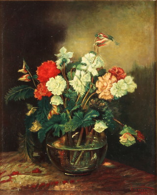 20th Century oil on canvas, indistinctly signed, dated 1954, still life study of a glass vase of flowers 41cm x 33cm 