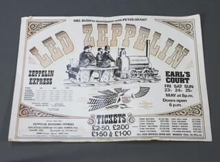 Led Zeppelin, an original promotional poster from the 1critically acclaimed  'Zeppelin Express' tour at Earl's Court in 1975. 63cm h x 89cm w