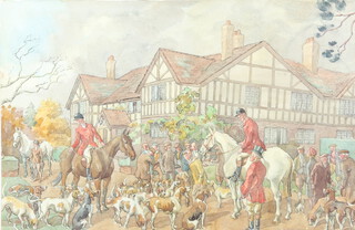 Geoffrey Sparrow (1887-1969) watercolour, signed in the margin "The Crawley and Horsham Fox Hounds at Cisswood Horsham 1958" with drawn vignette of a hunting scene in the bottom right hand corner, the mount named with the dogs and riders 35cm x 54cm 