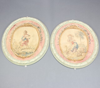Two 19th Century oval tapestries of a country girl and boy, contained in carved floral oval frames 55cm x 48cm 
