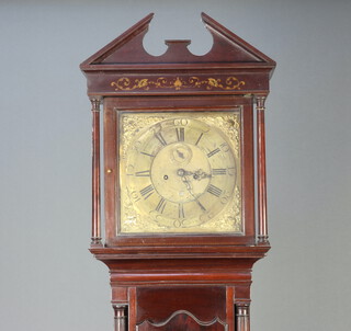 Alexander Gordon of Dublin, an 18th Century 8 day striking longcase clock, the 34cm brass dial with gilt spandrels, minute indicator and calendar aperture, contained in an inlaid mahogany case with broken pediment, complete with key, pendulum and weights 234cm h 