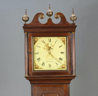 W Whitmore of Northampton, an 18th Century, 8 day, 30 hour longcase clock, the 40cm dial painted floral spandrels, a bird and with calendar aperture, having a bird cage movement striking on a bell, complete with pendulum and weights, contained in an oak case 212cm h 