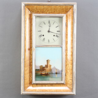 An American striking wall clock with 23cm painted dial, Roman numerals, the glass door painted a Venetian scene, contained in a walnut finished case 66cm h x 38cm w x 12cm d  