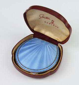 A silver and guilloche enamel shell shaped compact Birmingham 1937, contained in a shaped box 
