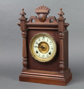 Ansonia, a striking shelf clock with 12cm porcelain dial, Arabic numerals contained in a pine case 40cm h x 13cm w x 26cm d, complete with pendulum (no key) 