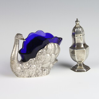 A Continental 800 standard repousse model of a swan with gilt interior and shaped blue glass liner together with a hexagonal pepperette, gross weight 146 grams 