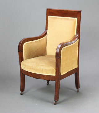 A 19th Century mahogany Biedermeier style armchair upholstered in yellow material, raised on square supports 89cm h x 55cm w x 44cm d (seat 26cm x 26cm)  