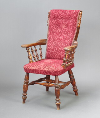 A Victorian mahogany open armchair with bobbin turned decoration, upholstered seat and back and double H framed stretcher 104cm h x 65cm w x  46cm (seat 26cm x 33cm) 