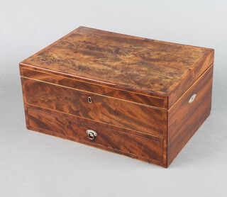 A Georgian rectangular inlaid and crossbanded mahogany trinket box with hinged lid, the base fitted a drawer with polished steel ring handles to the side 17cm h x 36cm w x 26cm d  