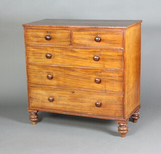 A 19th Century mahogany chest of 2 short and 3 long drawers with tore handles, raised on bun feet 106cm h x 107cm w x 51cm d 