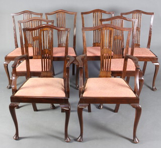 A set of 8 Edwardian Hepplewhite style camel back dining chairs - 2 carvers, 6 standard, with upholstered drop in seats, the carvers 99cm h x 51cm w x 45cm d, seat (28cm x 30cm) standard chairs 95cm h x 45cm w x 40cm d (seat 26cm x 29cm) 