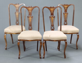 A set of 4 Edwardian inlaid mahogany slat back dining chairs with overstuffed seats 93cm h x 45cm w x 38cm d (seat 24cm x 28cm) 