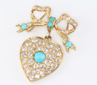 An Edwardian yellow metal diamond and turquoise heart shaped pendant with ribbon mount, 28mm x 23mm, 4.3 grams 