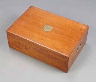 A Victorian light oak canteen box with brass countersunk handle and brass shield shaped plaque to the top marked to RSM WC Pearce From the Officers of the 1/7th Battalion of The Welsh Regiment on his leaving the Battalion 19/11/1917 17cm h x 47cm w x 32cm d 