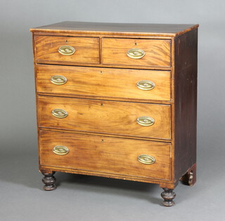 A 19th Century mahogany chest of 2 short and 3 long drawers with replacement oval brass plate drop handles, raised on turned feet to the front and bracket feet to the back 102cm h x 90cm w x 46cm d, 