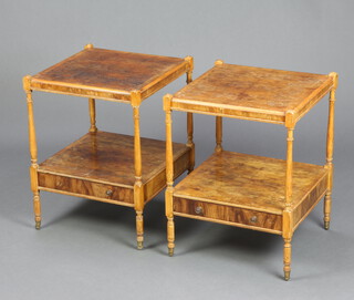 A pair of Georgian style figured walnut quarter veneered 2 tier lamp tables, the base fitted a drawer 60cm h x 45cm w x 45cm d 