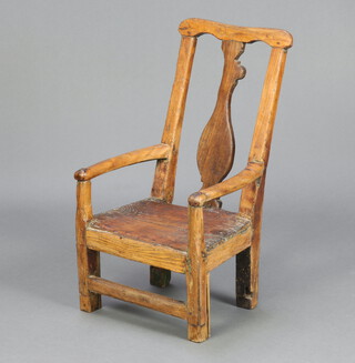 An 18th/19th Century childs elm carver chair with vase shaped slat back and solid seat, raised on square supports 67cm h x 38cm w x 30cm d (seat 26cm x 21cm) 