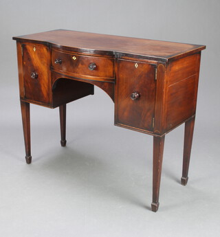 A 19th Century crossbanded mahogany bow front sideboard fitted a drawer flanked by cupboards enclosed by panelled doors with tore handles, raised on square tapered supports, spade feet 87cm h x 107cm w x 50cm d 