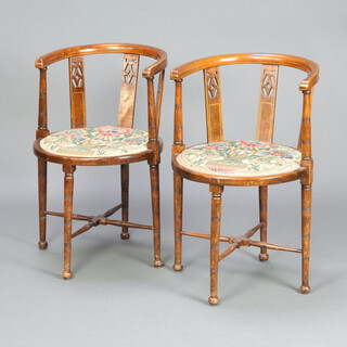 A pair of Edwardian inlaid mahogany tub and slat back chairs, raised on turned supports with X framed stretcher 74cm h x 48cm w x 46cm d (seat 30cm x 30cm) 