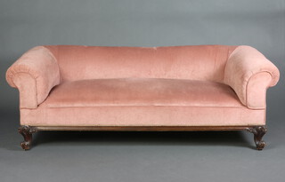 A Victorian Chesterfield sofa upholstered in pink material raised on carved cabriole supports 60cm h x 195cm w x 91cm d (seat 139cm w x 55cm d) 