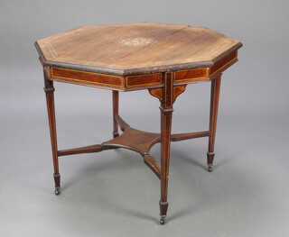 A Victorian octagonal inlaid rosewood 2 tier occasional table raised on square tapered supports ending in ceramic casters 74cm h x 91cm w x 90cm  