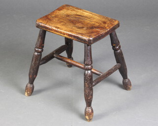 A 19th Century rectangular elm stool raised on turned supports with H framed stretcher 40cm h x 33cm w x 25cm d 