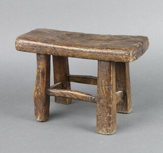 An 18th Century style rectangular elm stool raised on square supports with box framed stretcher 19cm h x 29cm w x 13cm d 