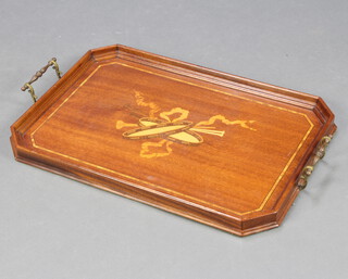 An Edwardian inlaid mahogany twin handled tea tray decorated musical trophies 60cm x 38cm 