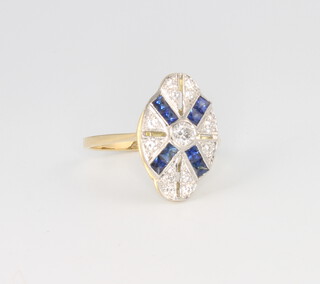 An 18ct yellow gold Art Deco style sapphire and diamond cocktail ring, 3.9 grams, size O