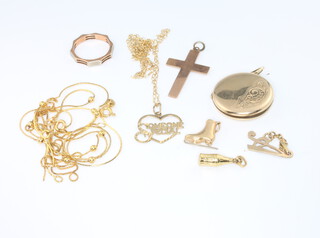 A 9ct yellow gold cross pendant, ditto locket and minor gold jewellery, gross weight 16 grams 
