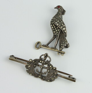 A silver and marcasite Ibis brooch and a ditto silver marcasite sweetheart brooch 
