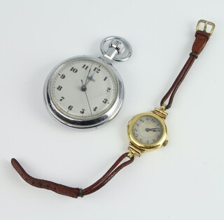 A lady's 18ct yellow gold cased wristwatch (not working) together with a chromium cased pocket watch 