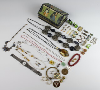 A collection of vintage and other costume jewellery and watches and a painted Indian jewel casket 