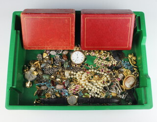 A gentleman's gold plated mechanical pocket watch (not working), an Art Deco Ebel chrome cased dress watch, 2 Moroccan leather jewellery caskets and minor jewellery 
