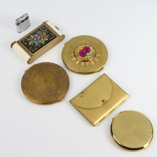 A vintage Coty compact in the form of a handbag boxed, 4 others and a cigarette lighter