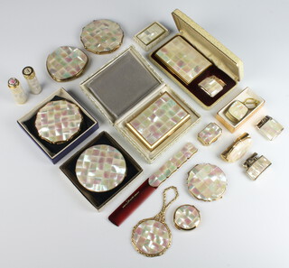 A vintage cased Ronson mother of pearl mounted cigarette lighter and cigarette case boxed, 5 similar compacts and other items including a hand mirror, lipstick holder, comb etc  