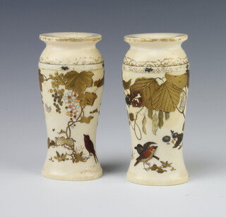A pair of Meiji period Japanese ivory and shibayama baluster vases decorated with birds and insects 12.5cm 