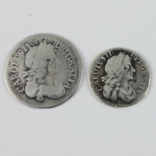 A Charles II 2 penny piece and a Charles II 4 penny piece 