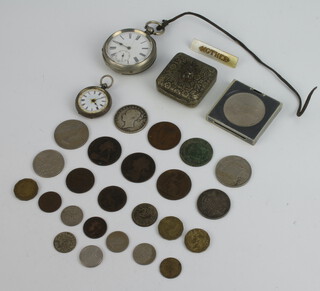 A silver plated cased keywind pocket watch with seconds at 6 o'clock (a/f), a lady's fob watch, minor coins etc
