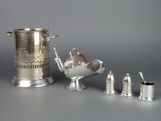 A silver plated pierced soda siphon holder and minor items 