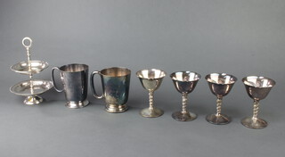 A pair of silver plated mugs and minor plated wares 