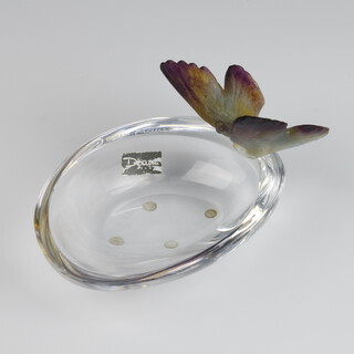 A Daum coloured glass butterfly dish engraved Daum France, 12cm 