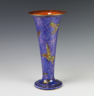 A Wedgwood Hummingbird lustre tapered blue ground vase with flared neck and with orange interior no. Z5294 29cm  