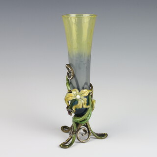 Jay Strongwater, a tapered vaseline glass vase contained in a jewel set metal stand 20cm 