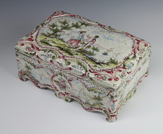 A 19th Century Veuve Perrin faience rectangular box and cover decorated the lid with a fete gallant scene, the sides with scenes of fishing vessels raised on rococo scroll feet 27cm x 20cm x 10cm 